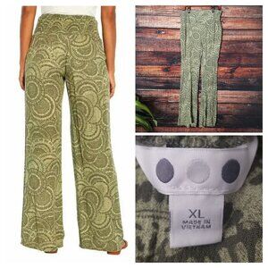 Three Dots Palazzo Pants XL Green Woodland Mosaic Elastic Waist Rayon